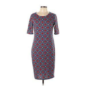 LuLaRoe LLR Julia Dress Blue Gold Red Large Knee Length Short Sleeve
